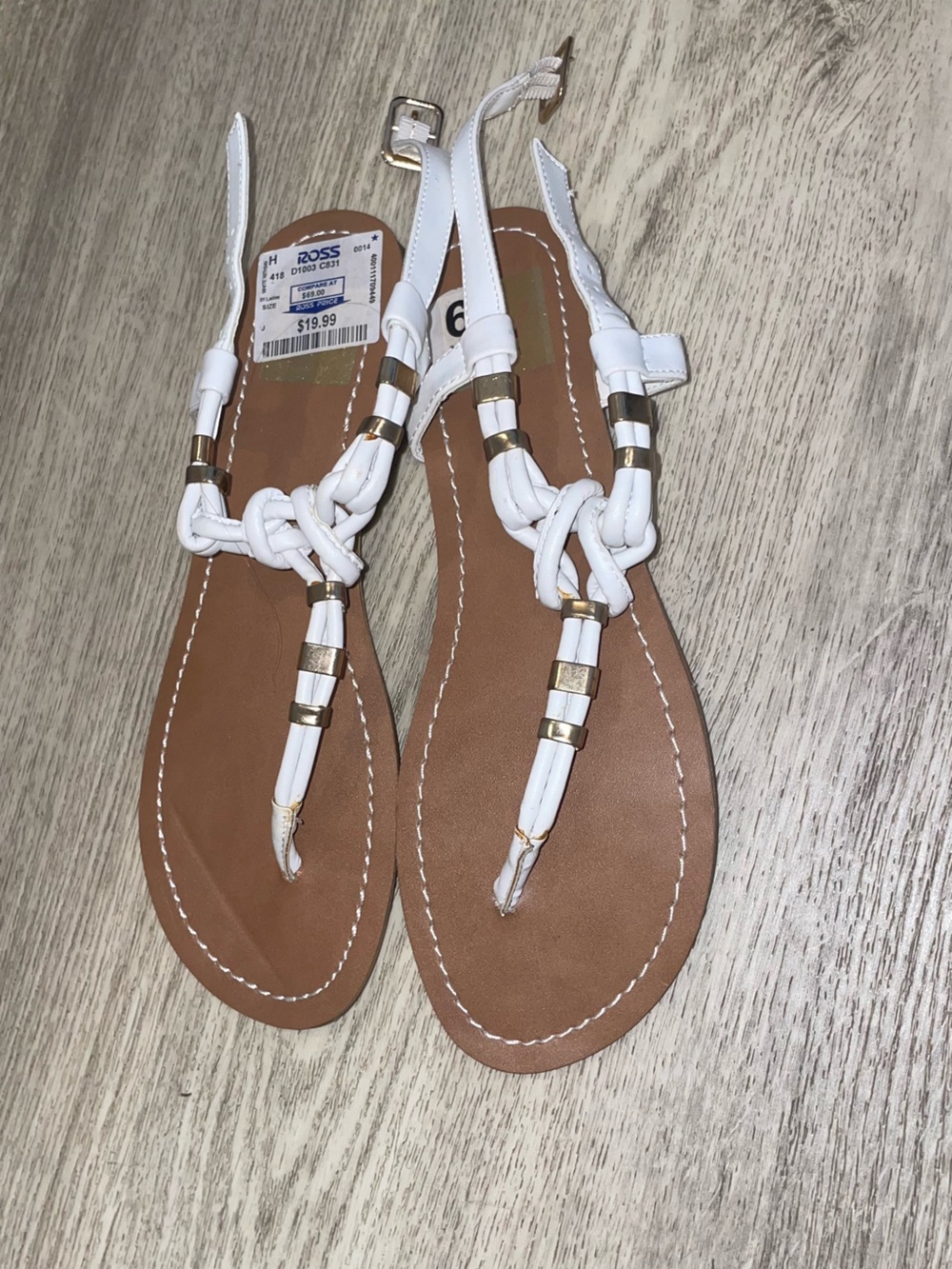 Dolce Vita White Braided T-Strap Sandals with Gold Accents